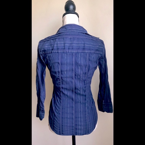 Navy Blue & Silver Striped Stretch 3/4 Sleeves Button Up Top, XS - Picture 4 of 5